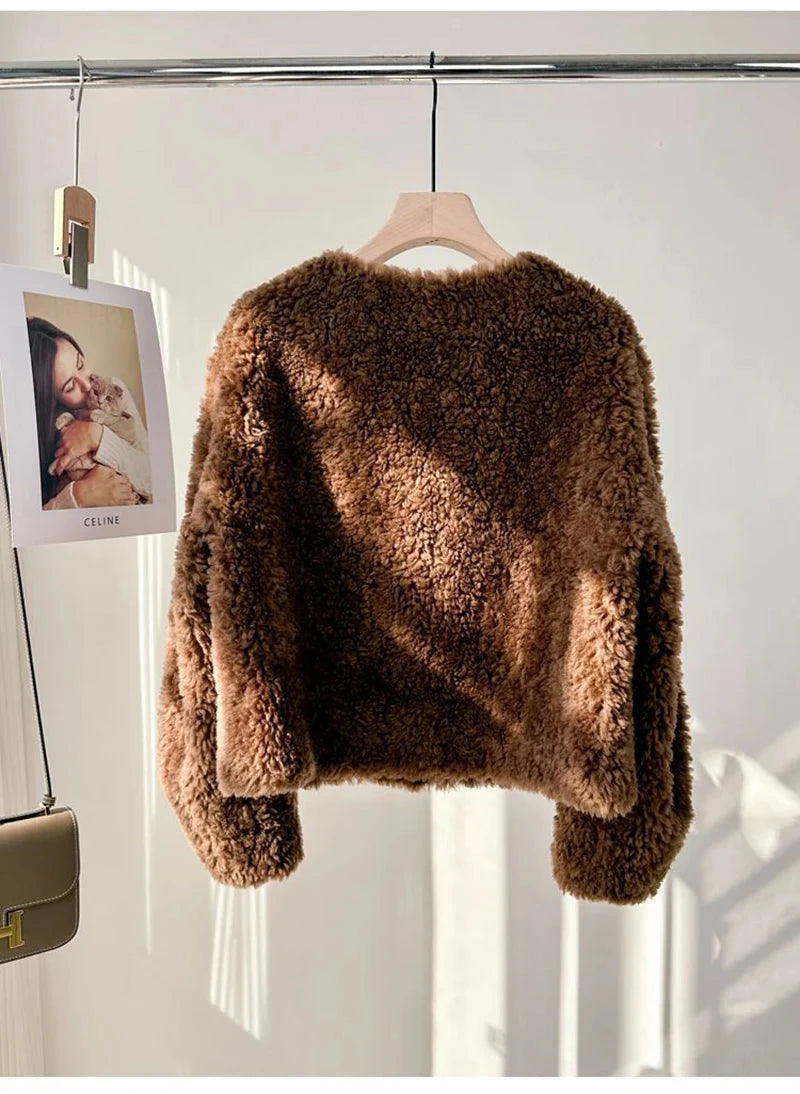 Winter Vintage Women Faux Lamb Coat Warm Soft Long Sleeve V Neck Sweet Jacket Retro Simple Solid Korean Female Preppy Style Tops voguable