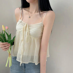 Voguable  Korean Style Sweet Fluffy Camis A-line Lace-up Double Layers Crop Top Y2K Aesthetic Tank Tops Holiday Cute Vest Women voguable
