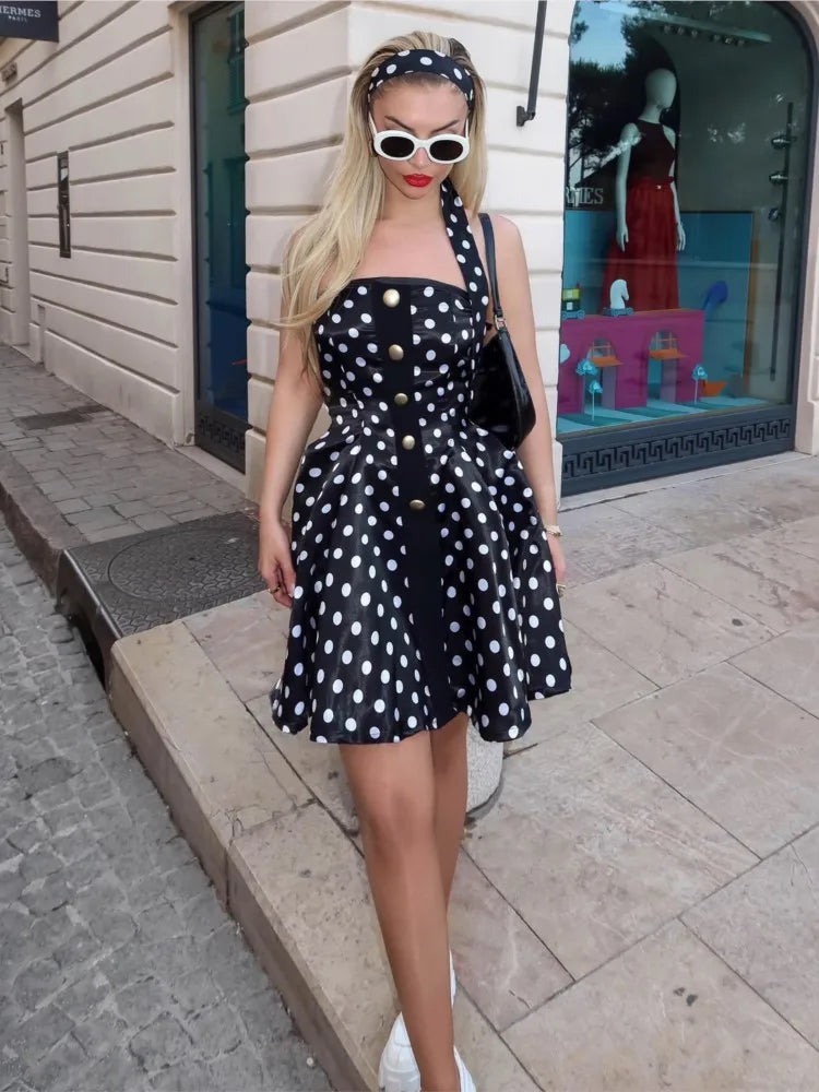Chic Halter Neck Sweet Short Dress Polka Dot Metal Button Fashion New Dress Summer Dress Sleeveless A-line Elegant Lady Vestidos voguable