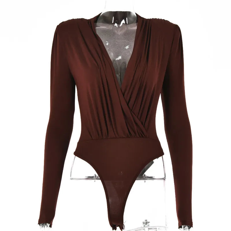 V Neck Brown Bodysuit Women Autumn Long Sleeve Top Bodies Sexy Female Overalls Casual Bodycon Bodysuits voguable