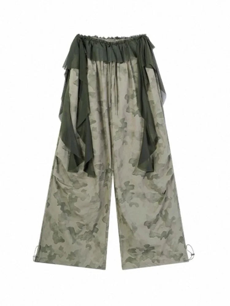 Lace Patchwork Camouflage Pant Women Y2K Hip Hop Streetwear Cargo Trousers Vintage High Waist American Fall Design Wide Leg Pant voguable