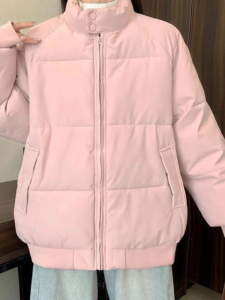 Preppy Style Sweet Pink Parkas Women Vintage Long Sleeve Winter Thick Warm Cotton Jacket Casual Stand Collar Loose Outwear voguable