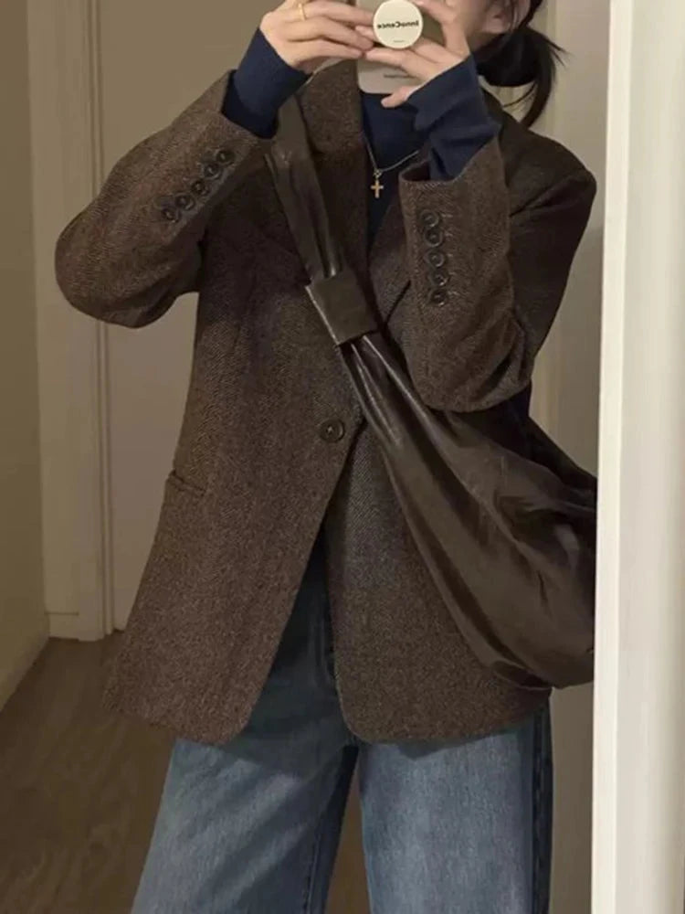 Retro Faux Woolen Blazer Coat Women Harajuku Long Sleeve Fall Winter Y2K Jacket Streetwear American Casual Lady Suit Coat voguable