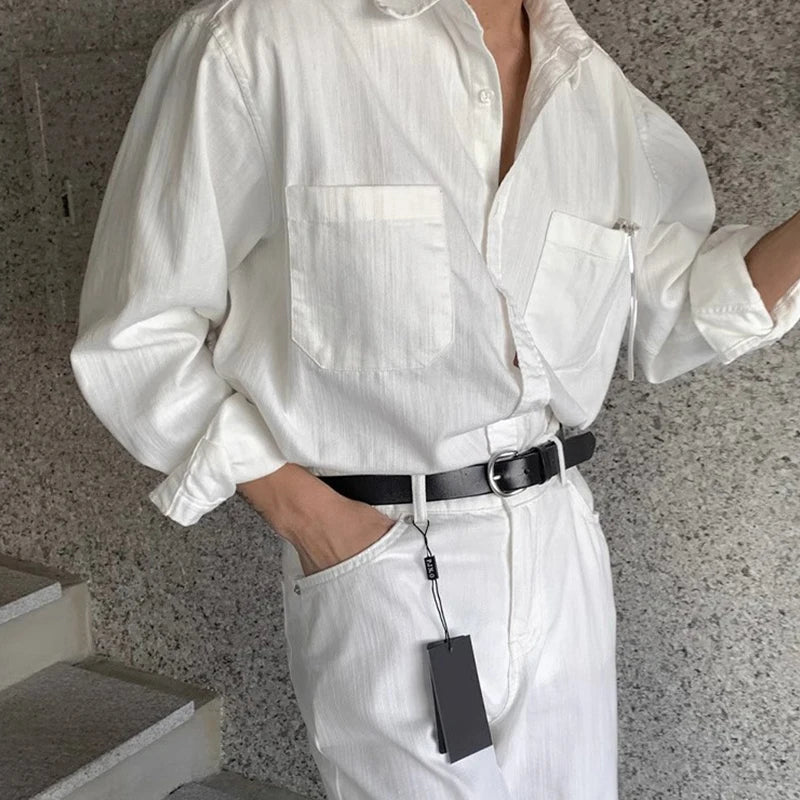 New Men Luxury Korean Style Shirts Casual Long Sleeve Drapped Solid Color Button-down Cardigan Fashion Business Leisure Blouse voguable