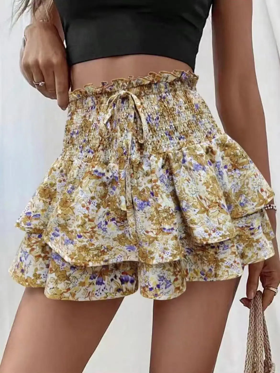 Voguable  Fashion Florals Mini Skirt for Women Summer Casual Waist Shaping Ruffled Hem Short Skirt Woman Drawstring Wide Leg Half Skirts voguable