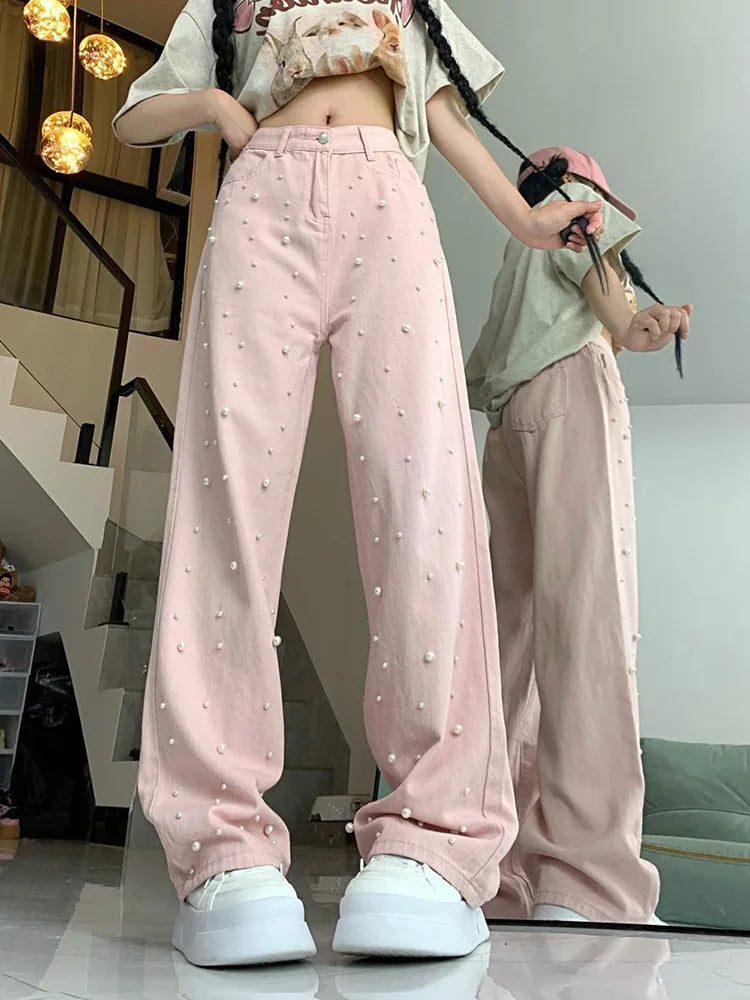 Sweet Pearl Pink Jeans Women High Waist Loose Vintage Design Denim Pants Casual Preppy Style Retro Cute Elegant Trousers voguable