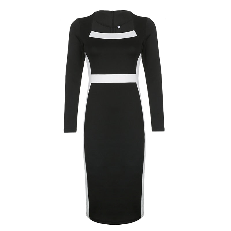 Black Stripe Patchwork Midi-Long-Sleeve Dress mysite