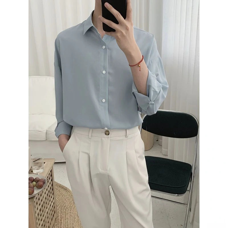 Autumn High-end Maillard Long Sleeve Ice Silk Shirts for Men and Women Korean Fashion Loose Solid Color Button Men Dress Shirt voguable