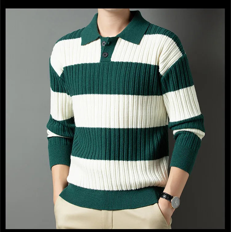 Voguable  Polo Shirt Luxury Men's Pullover Sweater Fashion Thick Warm Sweater Striped Casual T-shirt Men's Top Loose Knitwear voguable