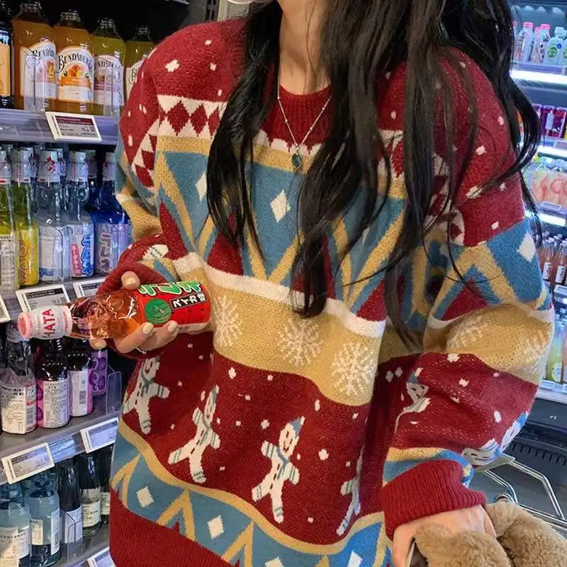 New Year warm pullovers round neck sweater women street stitching Christmas tree jacquard sweater ins couple loose in winter voguable