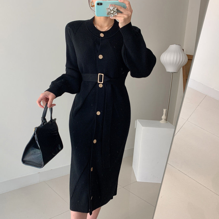 Voguable Elegant O-neck Single-breasted Women Solid Sweater Dress OL Style Long Sleeve Belted Knitted Mid-length Dress Female voguable