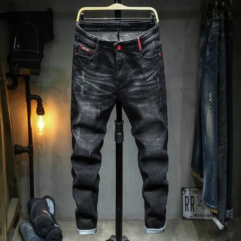 Voguable  Fashionable Workwear Jeans Men's Slim Fit High Street Trend Patchwork Long Pants New Arrival Youth Casual High Waist voguable