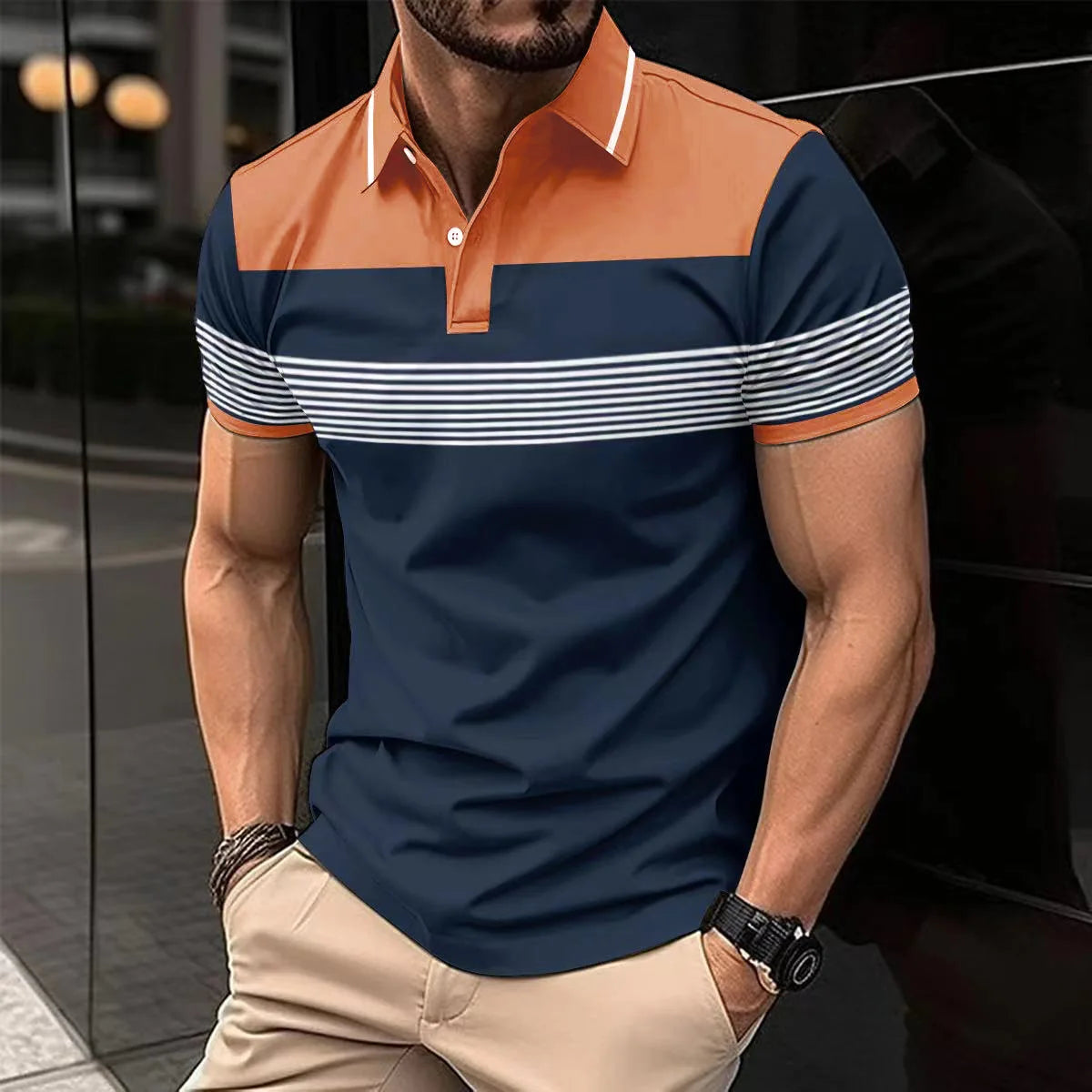 Voguable  Business Casual Men Polo Shirts Summer New Lapel Striped Button Contrast Color Streetwear Fashion Office Social Short Sleeve Top voguable