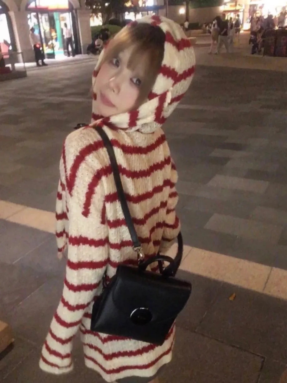 Japanese Y2k Hooded Cardigan 2000s Aesthetics Rabbit Ears Zipper Knitwear Vintage Harajuku Red Stripe Sweater Grunge voguable
