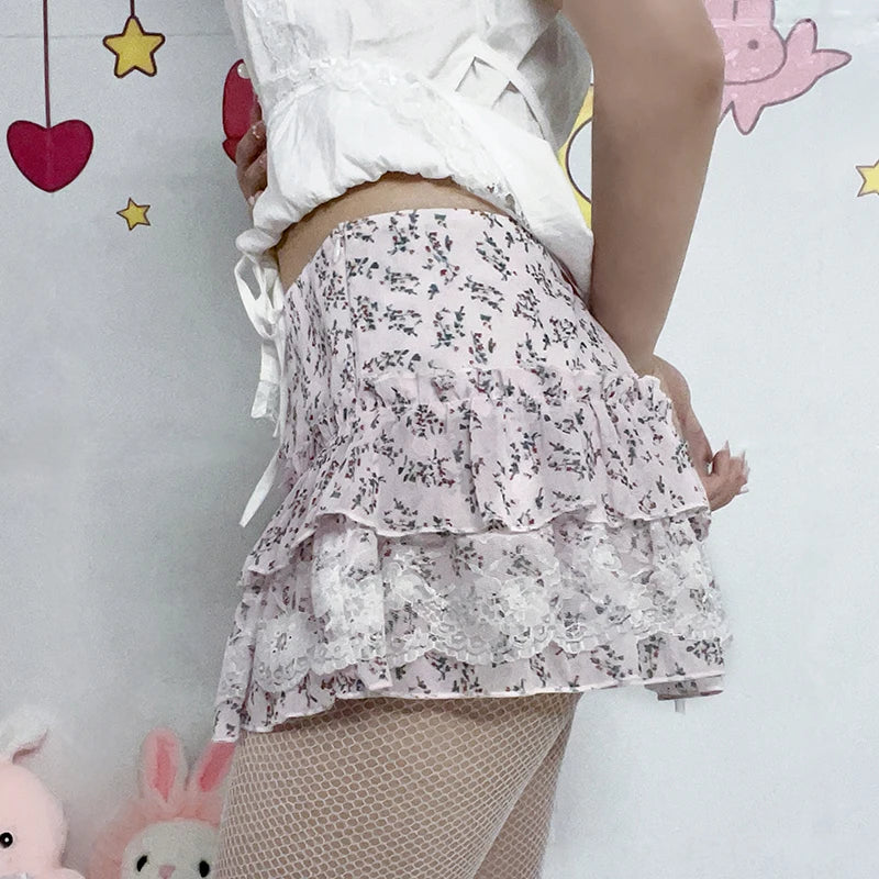 Voguable  Kawaii Floral Print Lace Stitching A-line Skirt Pink Low Waist Chiffon Skirts Y2K Coquette Lolita Skirts Soft Girls voguable