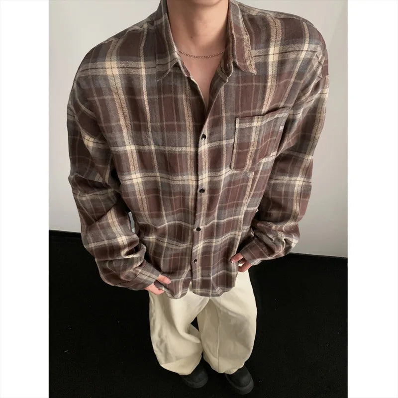 Autumn Long Sleeved Shirt Men Fashion Retro Plaid Shirt Men Japanese Streetwear Loose Brown Casual Shirts Mens Large Size 4XL voguable