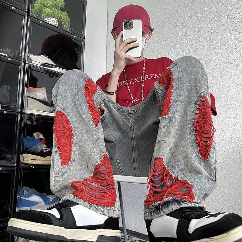 Voguable  Trousers Straight Hip Hop Punk Jeans for Men Wide Leg Male Cowboy Pants Designer Washed Denim Clothes Y2k 2000s Korean Style Xs voguable