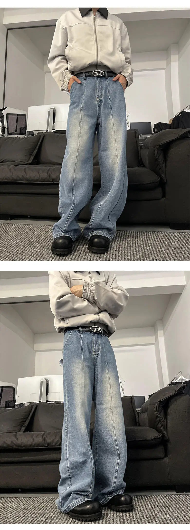 Jeans Men Loose Wide Leg Trousers Unisex low-rise jean Men's Denim Pants Old Blue Washed Male Jeans Straight Patchwork mop pants voguable