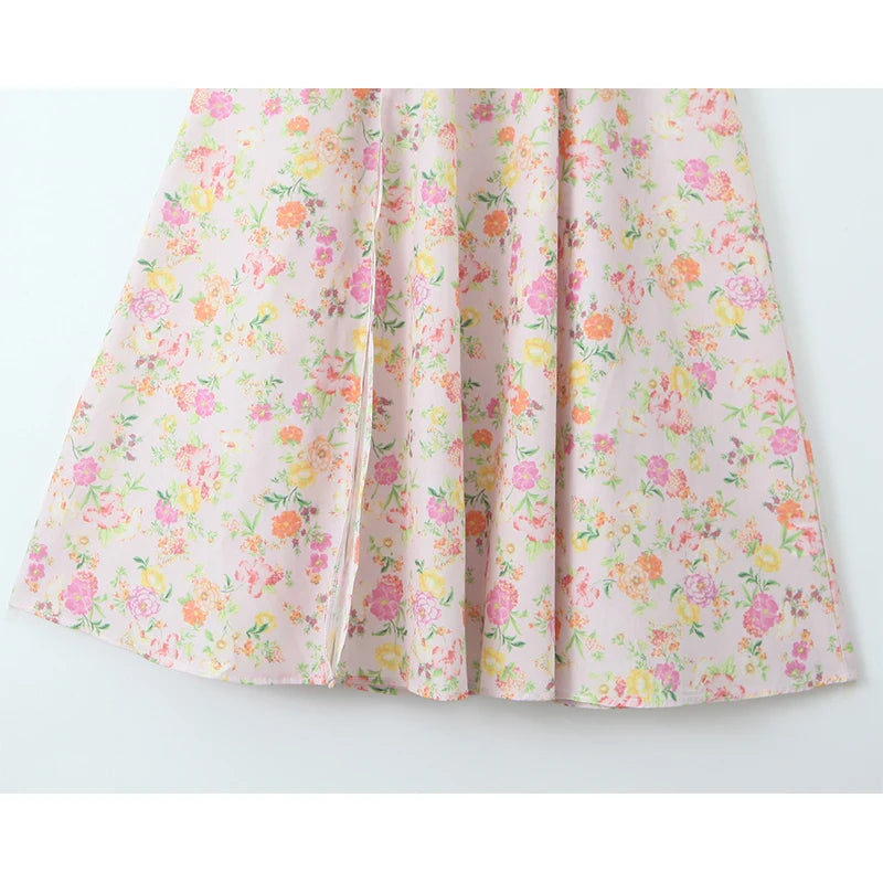 Women Floral Print Sexy Elegant Strapless Dress Front Slit A-line Midi Cotton Summer Dresses Party Robe