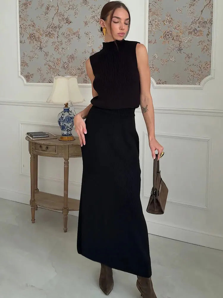 Elegant Knitwear 2 Piece-Set Long Dress Female Ribbed Sweater Pullover And Loose Patchwork Maxi Skirt Sets Ladies Outfits voguable