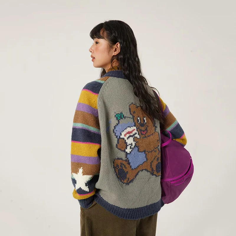 Vintage Rainbow Striped Sweater for Women Winter New Soft Long Sleeve Knitted Cardigan Female Harajuku Loose O Neck Zipper Coat voguable