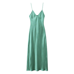 Voguable  New Women Green Satin Midi Spaghetti Strap Sexy Dresses Chic Backless V Neck Female Party voguable