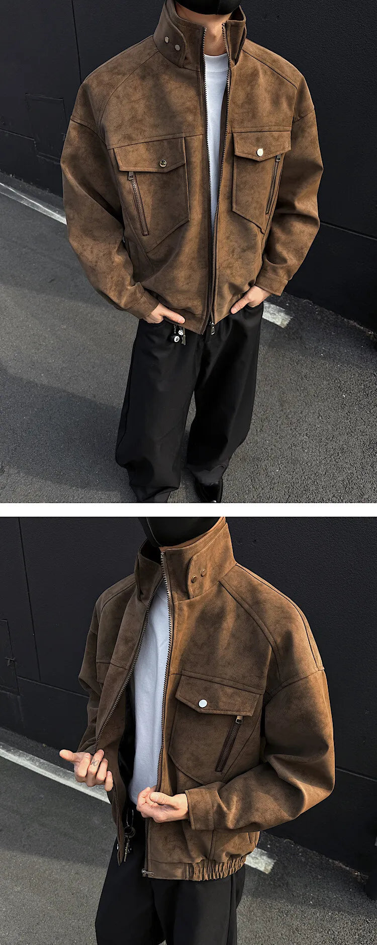 Mens Short Stand Collar Motorcycle Jacket Patchwork Cargo Biker Coat Spring Outdoor Riding Fashion Streetwear Urban Trendy voguable