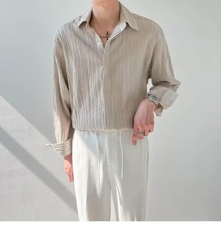 Black Apricot White Long-sleeved Shirt Men Fashion Social Mens Dress Shirt Korean Loose Casual Pleated Shirts Mens Formal Shirt voguable