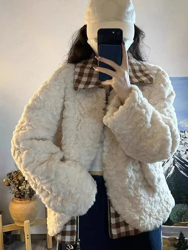 Sweet Cute Faux Lamb Coat Women Winter Thick Warm Plaid Patchwork Jacket Vintage Preppy Style Long Sleeve Kawaii Outwear Tops voguable