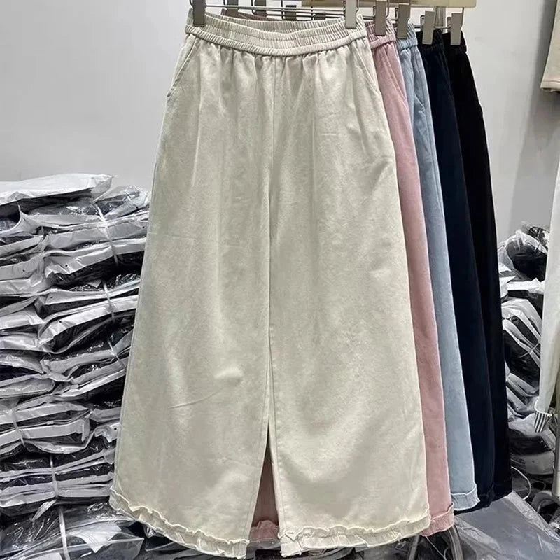 Korean Chic Ruffle Patchwork Ankle Length Pants Women Summer High Waist Loose Wide Leg Pants Elastic Waist Baggy Casual Trousers voguable