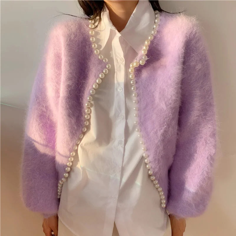 Imitation Mink Soft Women's Cardigan Temperament Pearls Detor Crew Neck Cardigan Woman Autumn Winter Long Sleeve Outwear Lady voguable