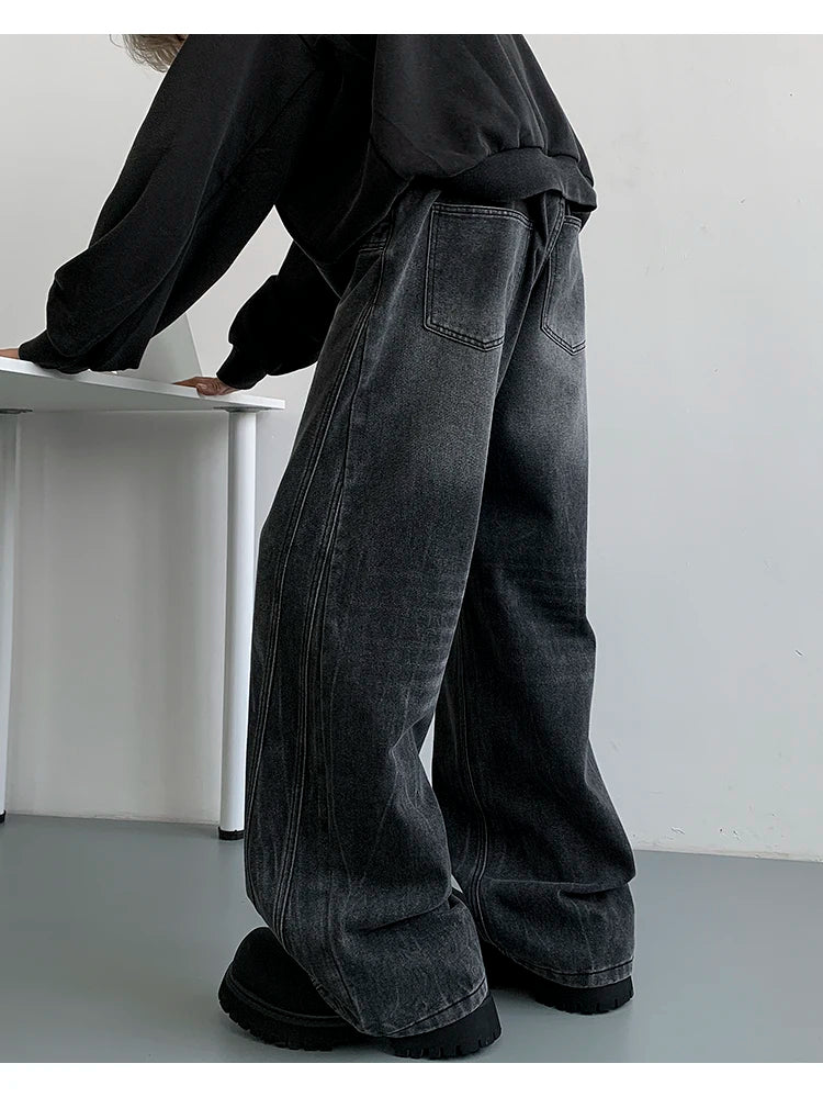 Winter Nostalgic Blue Jeans Men Chic Patchwork Loose Casual Denim Pants Wide Leg Male Straight Mopping Trouser Streetwear voguable