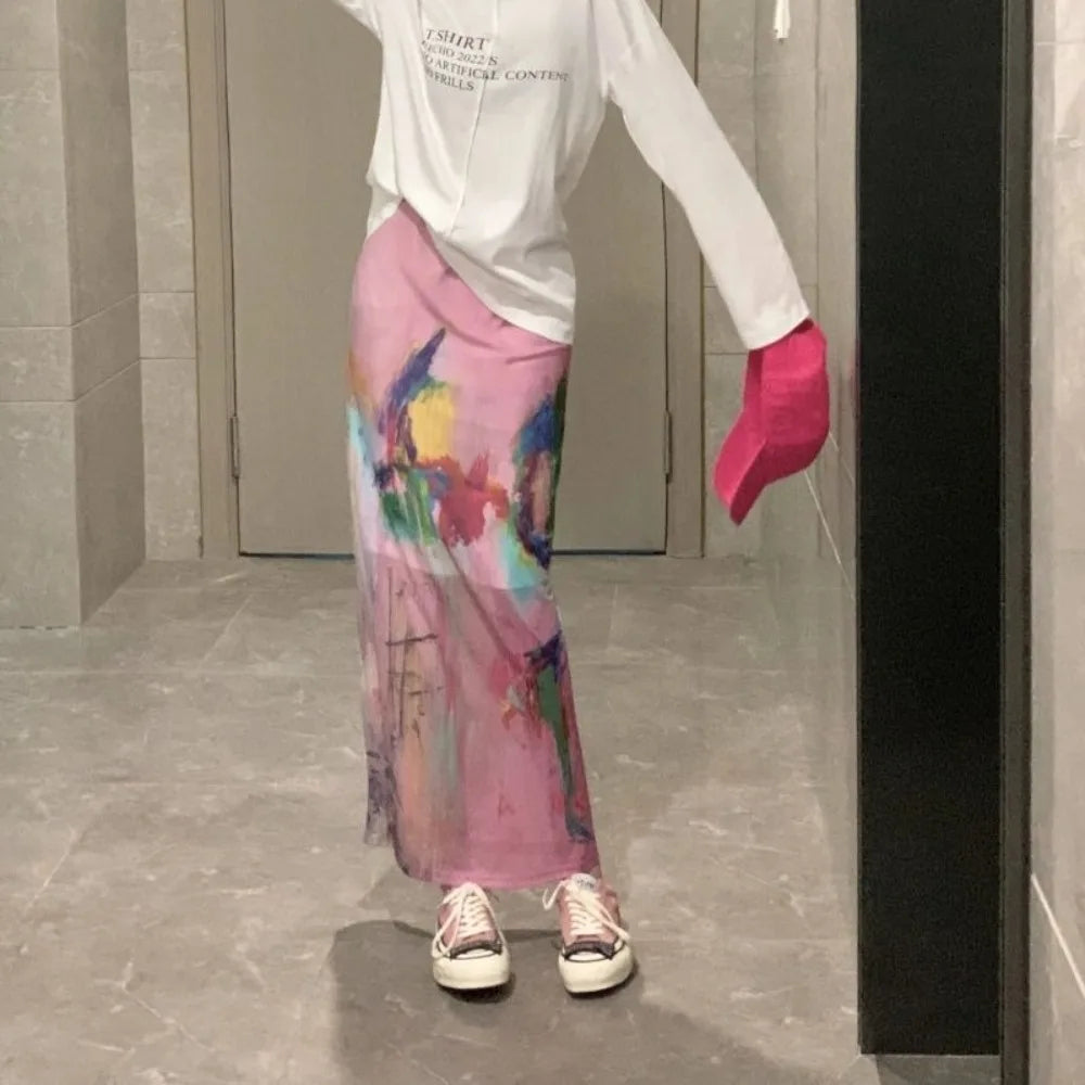 Voguable  A-line High Waist Mid-length New Skirt Personalized Korea Streetwear Print Mesh Falda Straight Vent All-match Fresh Skirt voguable