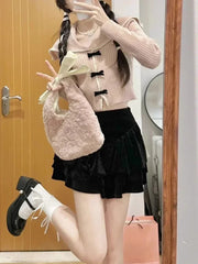 Voguable  Autumn Pink Sweet Cardigan Long Sleeve Y2k High Waist Knitted Coats Tops Japan Style Bow Sweaters Kawaii Slim Fit Women voguable