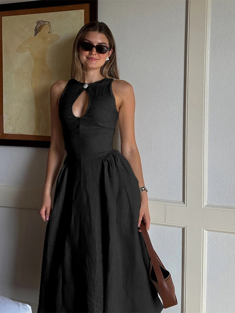 Sexy Hollow Out Solid Long Dress For Women Elegant O Neck Cut Out Zipper Sleeveless Maxi Vestidos 2024 Summer Lady Street Robes voguable