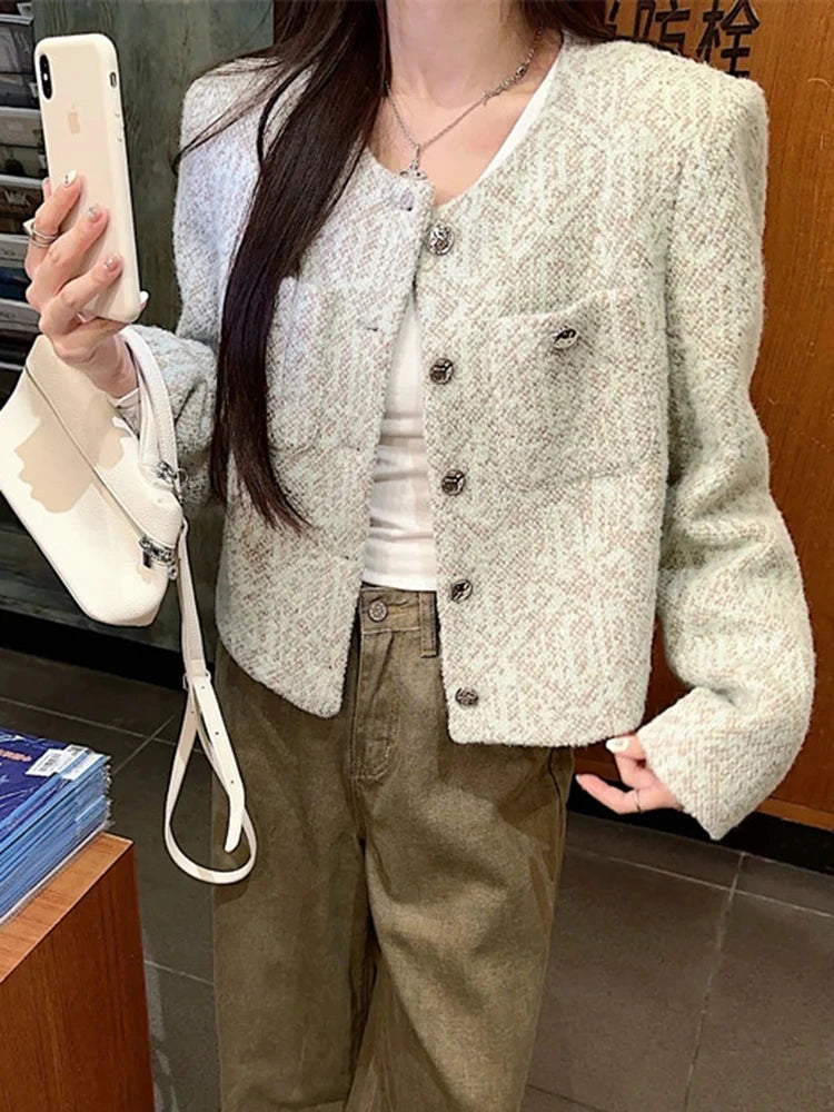 Sweet Women Slim Elegant Jacket Vintage Long Sleeve O Neck Fall Short Coat Korean Small Fragrance Single Breasted Lady Tops voguable