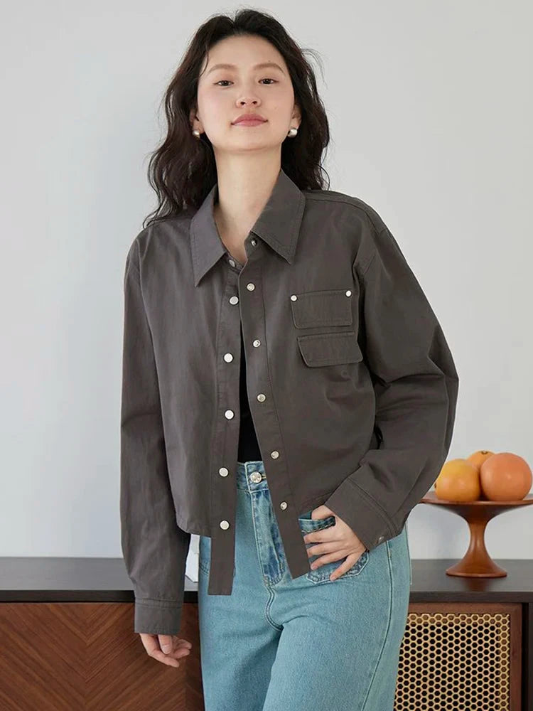 American Y2K Cargo Jacket Women Fall Casual Long Sleeve Vintage Short Coat Harajuku Turn Down Collar New Solid Hip Hop Tops voguable