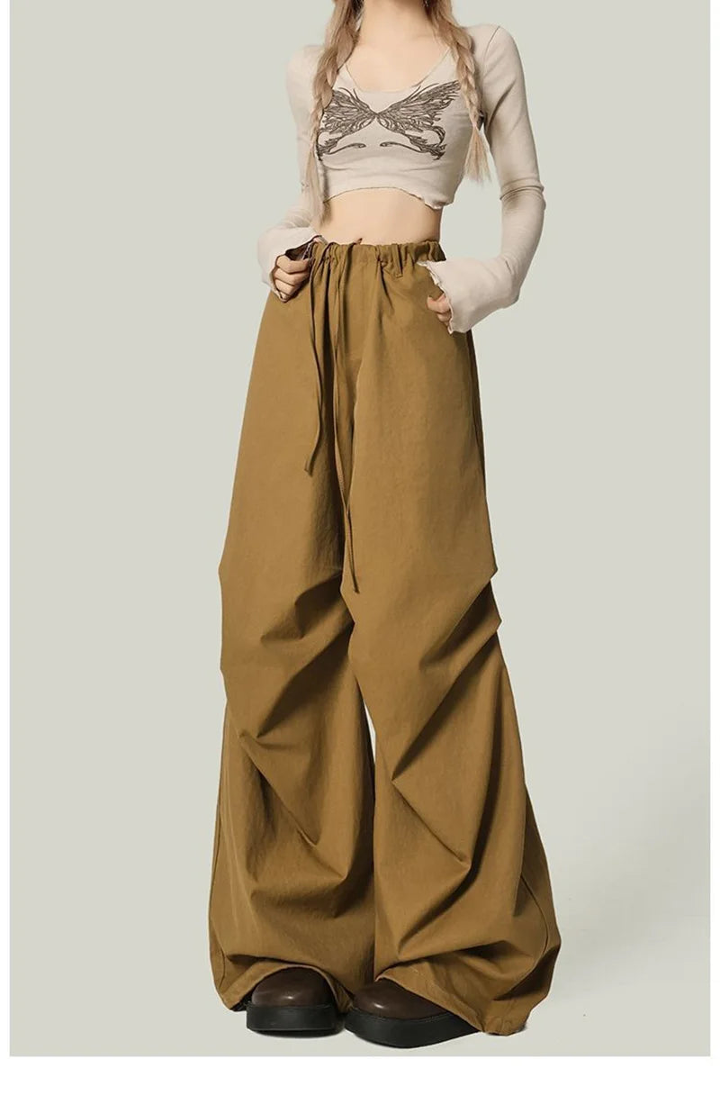 Black Y2K Streetwear Cargo Pant Women Vintage High Waist American Loose Trousers Hip Hop Retro Bf Wrinkles Paratrooper Pants New voguable