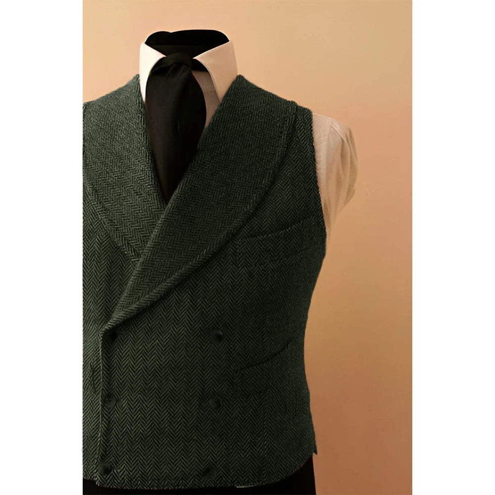 Shawl Lapel Men's Leather Vest Male Dress Casual Herringbone Tweed Double Breasted Sleeveless Jacket Vests for Men Dress Up voguable