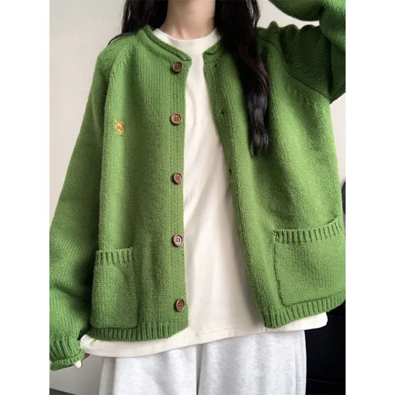 Autumn Winter Women Green Sweaters Coats O-Neck Pockets Embroid Button Fashion Sweet Lazy Wind Long Sleeve Cardigan Knit Tops voguable