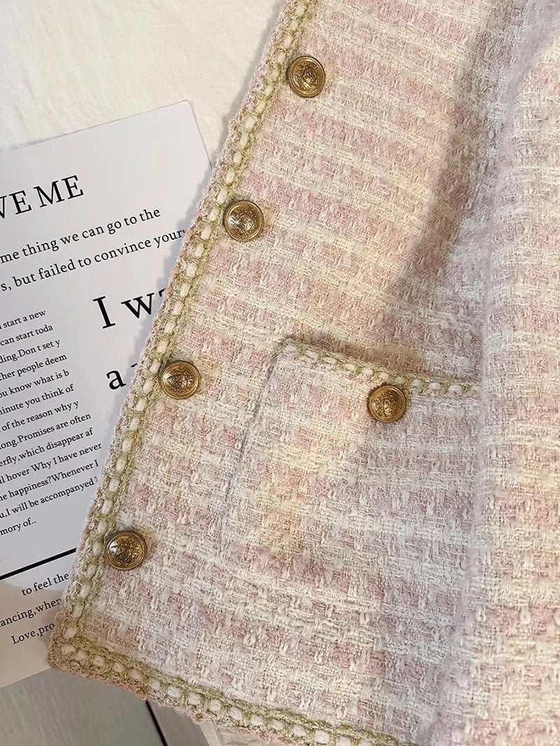 Pink Women Sweet Tweed Jacket Vintage Long Sleeve Slim O Neck Coat Korean Fall Winter Retro Small Fragrance Elegant Tops voguable