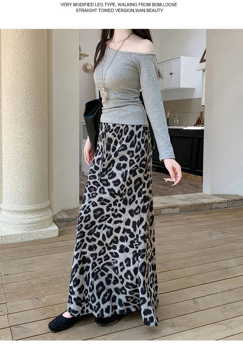 Sexy Slim Leopard Long Skirts Women High Waist Retro Streetwear Y2K Skirt Fall Casual Harajuku American Vintage Long Skirt voguable