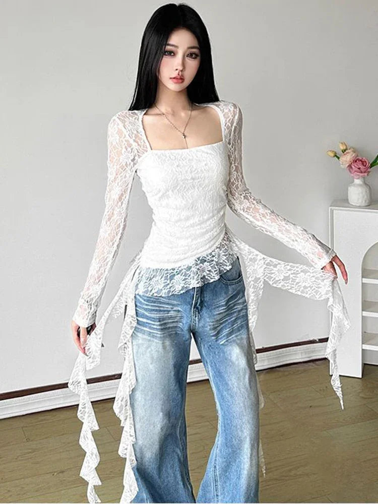 Y2K Ruffles Lace T Shirts Women Sexy Slim Long Sleeve Streetwear Tops Fashion Square Collar Irregular Design Female Tees voguable