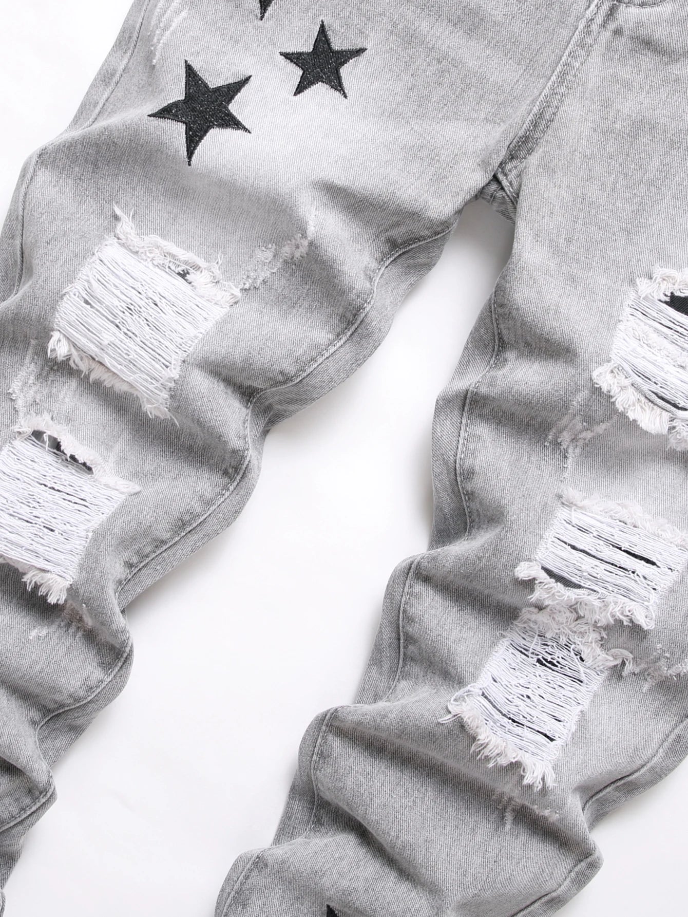 Voguable  Y2K Men's Jeans - Fashionable Gray Mid-Rise Straight-Leg, Ripped Embroidered Vintage Washed Street Denim voguable