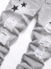 Voguable  Y2K Men's Jeans - Fashionable Gray Mid-Rise Straight-Leg, Ripped Embroidered Vintage Washed Street Denim voguable