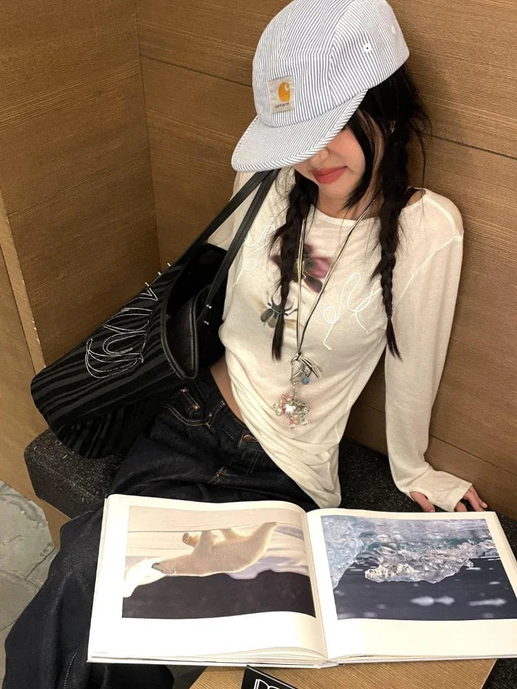 Y2k Printed Off Shoulder T-shirt Sweet Transparent White Long Sleeve T-Shirts Korean Fashion Casual Loose Tops Slim Up voguable
