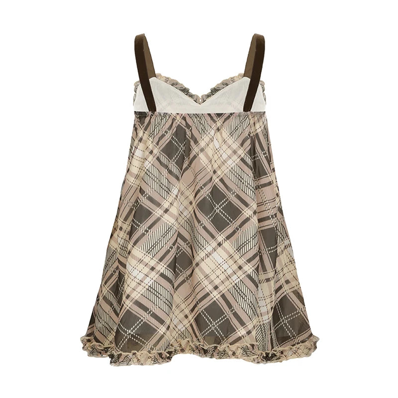 Sweet Plaid Bow Cute Simple Camisole Dresses Tops Fashion All-Match Retro Women Home Clothing voguable