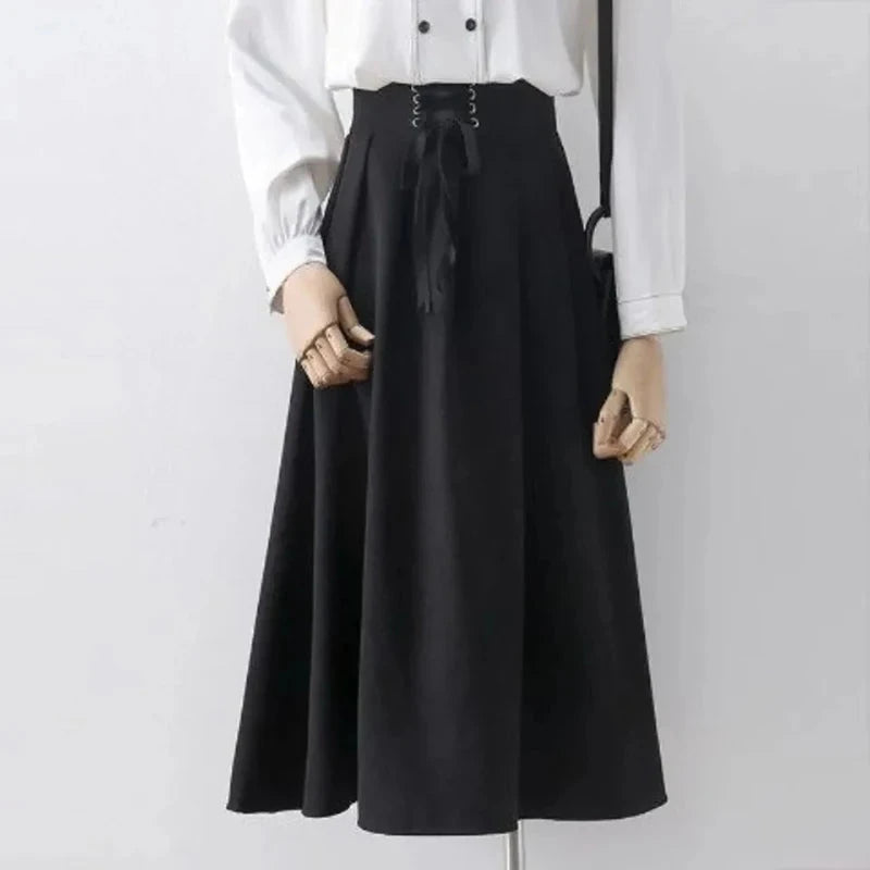 Preppy Style Vintage Long Skirts Women High Waist Sweet Loose A Line Skirt Lace Up Retro Fall Winter Female Elegant Long Skirts voguable
