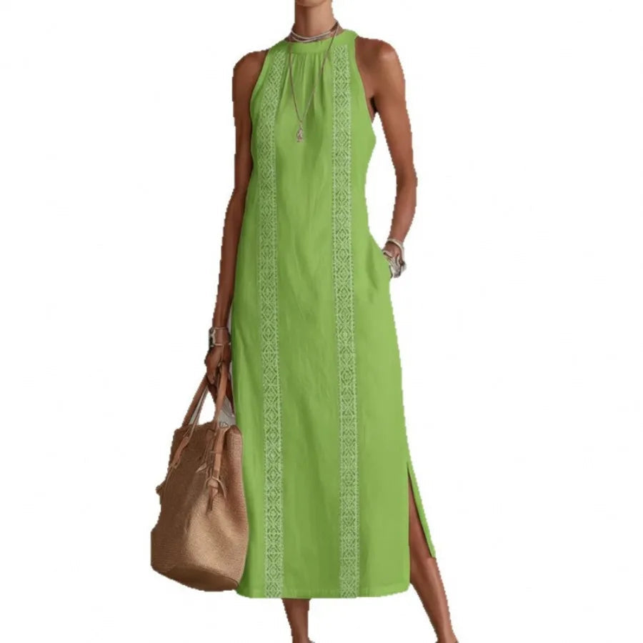 Voguable  European and American - spring and summer women's clothes hanging neck vacation solid color lace splicing sleeveless dres voguable