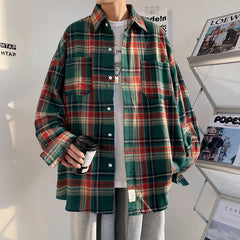 Voguable Harajuku Long Sleeve Plaid Shirts Men Big Size M-5XL Autumn Chic Loose Vintage High Street All-match Gentleman Camisa voguable